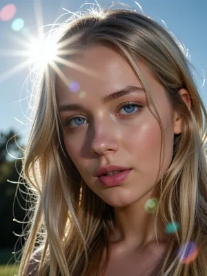 (experimental avant-garde artistic study of light and contrast), (striking low-angle closeup of a 24yo woman's brilliant blue eyes), (surreal scene with intense hair-glow lighting, HDR lighting, light bloom, god rays, lens flare, light blonde hair), (stray strands of hair framing her face), (outdoors daylight scene), (cinematic offset framing composition)