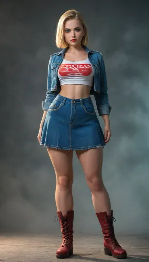 ((Barely cool)), ((Android 18:1.2)), realistic full body portrait in dynamic pose, (turquoise eyes), ((serious and mysterious expression:1.2)), ((Bright red lips very thick and small:1.3)), ((narrow waist:1.4)), (((extremely wide and curvilinear hips))), (((thick thighs))), (((Ella está en un callejón futurista con mucha fog:1.5))), ((She's wearing a crop-top with a beautiful denim jacket and pleated denim skirt)), ((Ankle boots with platform:1.1)), ((short golden hair:1.2)), ((warm lighting, fog:1.4)), ultra realistic leather and fabric texture