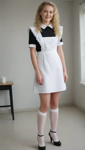 beautiful sweden blonde 18 years old girl, long curly hair, black dress, white apron, soviet school uniform, white high boots, high heels, blonde, small breasts, laughing, suxl, Scandic, <lora:suxl:.8>, <lora:Blue_and_Orange_Ambient_in_Paris_r2:.8>