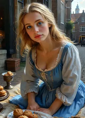 Mrs Shagwell has a picnic. In the style of Vermeer, 50 yo woman, solo, long blonde hair, massive tits, wearing an open 17th Century peasant smock nightgown, (on her hands and knees:1.5), near the Saint Nicolas Basilica Amsterdam at night, kneeling on all fours on a chequered picnic blanket covered in cakes, food and a pot of tea, delicately drinking tea from an ornate China cup and saucer, downblouse view from the front, massive hanging breasts, view from ground level, smiling, laughing, funny, detailed blue eyes, hair blowing in the breeze, masterpiece, best quality, highres, absurdres, ray tracing, moonlight, (view from a side angle at ground level:1.2), ultra detailed, intricate details, (photorealistic:1.5), 8k, UHD, contrast, sharp focus, (masterpiece:1.4), bright blue eyes, huge, breasts, massive, style, of, Jan, Vermeer, <lora:bright_blue_eyes:.2>, <lora:MJ52:.4>, <lora:SDXL_MassiveCowsLoRA_v1:1.1>, <lora:tbh122-sdxl:1.3>