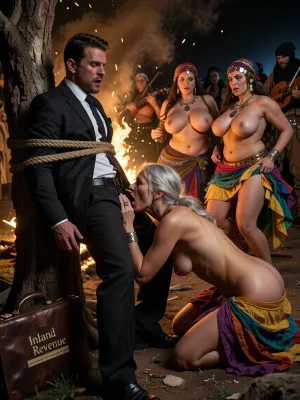 A cinematic masterpiece in the style of Caravaggio, chiaroscuro lighting with deep tenebrism and high contrast. Foreground, A terrified man in a formal business suit is standing tied with thick hemp ropes to a rugged tree trunk, expression of sheer horror. An elderly gypsy woman, topless with very saggy, natural breasts, kneeling in a submissive position in front of him performing oral sex on the man. A leather briefcase rests on the ground beside him with the clear text "Inland Revenue" printed on it. Middle ground, Three plump bohemian women dancing wildly around a roaring campfire, wearing vibrant, colorful layered dresses and coin-weighted headscarves. They are topless with enormous exposed breasts, their swirling skirts lifting to reveal detailed hairy vulvas. A gypsy fiddler and a shadowy, voyeuristic crowd loom in the dark background. Atmosphere filled with thick amber smoke, flying sparks, and dramatic golden light clashing with oppressive darkness. Painterly texture, oil on canvas, rich earth tones, visceral realism, concept art, highly detailed skin textures, 8k resolution, dramatic composition.