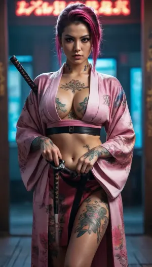 Cyberpunk samurai, open kimono, cleavage, large breasts, vibrant tattoos, katanas, Khaba_Babes