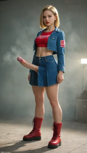 ((Barely cool)), ((Android 18:1.2)), realistic full body portrait in dynamic pose, (turquoise eyes), ((serious and mysterious expression:1.2)), ((Bright red lips very thick and small:1.3)), ((narrow waist:1.4)), (((extremely wide and curvilinear hips))), (((thick thighs))), (((Ella está en un callejón futurista con mucha fog:1.5))), ((She's wearing a crop-top with a beautiful denim jacket and pleated denim skirt)), ((Ankle boots with platform:1.1)), ((short golden hair:1.2)), ((warm lighting, fog:1.4)), ultra realistic leather and fabric texture, ultra high resolution 8K, photorealistic style --v 5 --ar -style 750, (big penis:1.1), (erect penis:1.5), (masturbation:1.1), (futanari:1.3), (covered in cum:1.1)