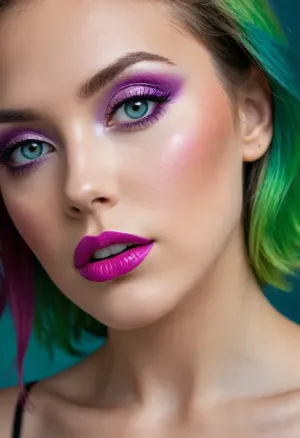 An close-up beauty portrait of a young woman focusing sharply on her eyes and makeup She has multi-tonal dyed hair blending electric cyan, deep purple, and vivid blue. Her pride makeup features iridescent satin eyeshadow with bright lime-green and aqua shimmer on the inner mobile lids, blended out into a vibrant violet-magenta cut-crease and soft lower-lash smoked liner. Her eyes have bright, detailed hazel-green irises with crisp limbal rings and delicate wispy upper lashes. She wears smooth metallic fuchsia lipstick and subtle cheek highlight. She has delicate hyper-feminine facial features and an elegant neckline.. Clean studio portrait lighting, high micro-contrast, 85mm lens, shallow depth of field with soft dark background.