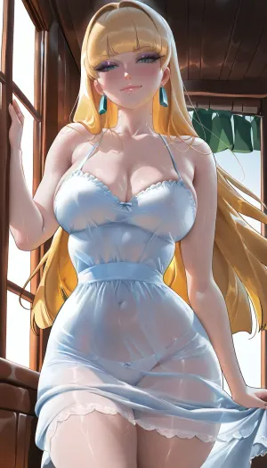((high detailed skin)), 8k uhd, (Pacifica Northwest from Gravity Falls:1.6), long beach blonde hair with bell-shaped bangs, dark blue eyes, heavy purple eyeshadow, pale skin, lavender hoop earrings, (milf:1.5), wearing, (sundress:1.5), standing in a sunlit kitchen, one hand lifting the hem of the sundress to show she is not wearing panties, looking at the viewer with a slow teasing smile, soft morning light through the window, (Sakimichan artstyle:1.5), ultra-polished digital painting, soft luminous skin, intricate hair and clothing details, elegant lighting, highly refined semi-realistic anime aesthetic