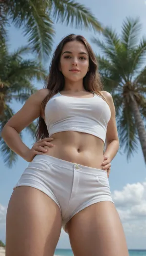 1girl, solo, tall body, sexy pose, at the beach, beautifully sunset beach scenery, cute little smirk, detailed eyes, thick medium breasts, curvy body, smooth realistic skin, wearing white tight nylon tank top, wearing white nylon short hot pants, looking at the audience, (bellow angle shot:1.4), (zoom out:1.4), (8k, RAW photo, best quality, masterpiece:1.2), (realistic:1.37), ultra-high resolution