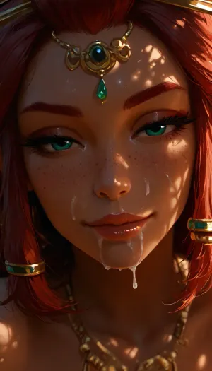 1girl, Riju from The Legend of Zelda, face makeup, jewelry, solo, smiling, abstract background, aqua background, lips, looking at viewer, seductive, half-closed eyes, cum dripping from side of her mouth, cum on face, Photorealistic, Hyper-detailed, 8k resolution, Sharp focus, Masterpiece, Extremely high fidelity, (perfect detailed face), (high realistic), (extreme realism), (dappled light, dappled sunlight), Natural blemishes, freckles, moles, discolorations, Subsurface scattering, ., <lora:MJ52:1.5>, <lora:attractive_notrigger:1.4>, <lora:BUT_SDXL_SHS:1.2>, <lora:Jeweled eyes-NAI:1.9>, <lora:dark:.9>