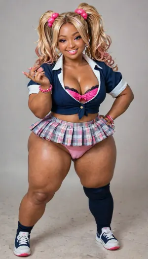 Close-up full body, bratty girl, Japanese Gyaru girl, younger bratty sister, small model, chubby, bbw body, narrow waist, ((very dark taned skin)), very long wild blonde hair, very busty flat chest, ((massive perfectly round bubble-butt:1.3)), (((very puffy chest))), 18yo, no pubic hair, ((gyaru fashionable school clothing, fully clothed:2)), legs spread wide, dolla, wide, smug teasing smile, sexual pose, dollp, (very shiny skin:1.5), ((perfect view, sexy horny bratty pose from Japanese Gyaru)), (anatomically accurate), <lora:LCMTurboMix_Euler_A_fix:.8>, <lora:sdxl_photorealistic_slider_v1-0:2>, <lora:3D XL:.6>
