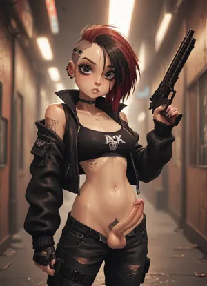 (Jack cayless art style), adult futanari woman, cyberpunk, half robot body, colored hair, punk sidecut haircut, multicolored clothes, cyberpunk clothes, trimmed pubes, holding a shotgun, small cock