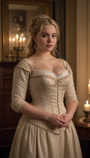 A charming 20-year-old blonde socialite in an 1850s wealthy European manor, standing in the candlelit dressing room of her family's grand estate. She has long blonde hair arranged in an elaborate fashionable mid-19th-century hairstyle, soft rounded facial features and a sweet, adorable expression.

She has a noticeably plus-size, very soft and generously rounded figure, including a large, prominent belly. She is in the process of getting dressed for an elegant evening gathering and is struggling with a traditional white whalebone corset. The corset is already around her waist, but she cannot quite fasten or lace it closed over her rounded belly. She looks mildly embarrassed and amused by the situation rather than distressed.

She wears a modest period undergarment beneath the corset, with a partially completed 1850s outfit waiting nearby, a voluminous skirt, petticoats, blouse and other elegant clothing pieces arranged around the room. Rich wooden furniture, an ornate dressing table, mirrors, folded fabrics and several glowing candles create a warm, luxurious atmosphere.

Highly detailed historical clothing and hairstyle, authentic 1850s interior design, realistic fabric textures, natural body proportions, soft candlelight, cinematic composition, photorealistic historical portrait, warm and elegant atmosphere., <lora:Chubby BBW - XL:2>