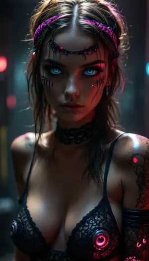 (extremely feminine robot, gorgeous cutie cyborg), (((incredibly young robotic hottie is mind controlled, extremely horny))), neon pink, black light, phosphorescent, (hair half up half down), (((neon lace))), (detailed face and eyes), (((mind controlled obsessed glowing eyes:1.5))), (freckles), (dynamic light), (very sweaty incredibly tattooed metallic body), ((wearing a mind control headband over her hair and forehead:1.3)), (centered), (max detail), 32k, (34dd cleavage), ((perfect)), (((underground rave club))), secret, cyberpunk dance music, ((disco lights)), ((incredibly gigantic breast implants)), ((extreme breast expansion)), ((glistening wet tattooed skin)), ((robotic arms)), ambiance, facing camera, ((exhausted mind controlled android slut looking submissive at viewer)), front view, symmetrical, (younger cuter:1.2), but, <lora:attractive_notrigger:1.8>, <lora:BUT_SDXL_SHS:1.2>, <lora:Vivid Midjourney mimic - XL SDXL v2.0:1.2>, <lora:RMSDXL_Enhance:2>, <lora:dark:2>
