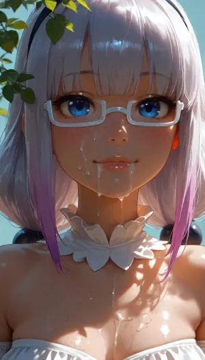 Kanna Kamui, white frame glasses, medium chest, petite body, cute innocent face, 18 years old, dressed with her outfit. solo, looking at viewer, smiling, cum on face. Cumshot. Cum on neck. Cum dripping from face. Cum dripping from side of mouth. Cum on shoulder. Cum on tits. Dripping cum. side view bright aqua background with leaves., (dappled light, dappled sunlight), . Photorealistic, Hyper-detailed, 8k resolution, Sharp focus, Masterpiece, Extremely high fidelity, (perfect detailed face), (high realistic), (extreme realism), Natural blemishes, freckles, moles, discolorations, Subsurface scattering, ., <lora:MJ52:1.5>, <lora:attractive_notrigger:1.4>, <lora:BUT_SDXL_SHS:1.2>, <lora:Jeweled eyes-NAI:1.9>, <lora:dark:.9>