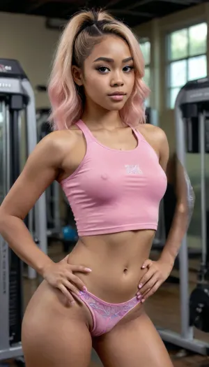 (21 years old blasian woman), ((((Short pink top)))), (((bottom half naked))), (perfect pretty face), 3dmm style, (masterpiece, highest quality, best quality, official art, beautiful and aesthetic:1.2), (fractal puzzle art:1.3), 1woman, beautiful, sexy, highly detailed, golden blonde hair with a hint of pink, ice blue eyes, dark lighting, best lighting, best shadowing, serious face, looking forward, full portrait picture of a blasian woman standing next to gym equipment stretching down showing ass, bend over, mooning, Gym equipment, bar bells, exercise bike, treadmill, jewelry, Stained, Glass, Portrait, movie, still, film, cinematic, shot, lighting, macro, 35mm, green, eyes, blue, brown, close, up, teeth, braces, <lora:Stained Glass Portrait:.5>, <lora:AdvancedEnhancerXLv2:.5>, <lora:Digital_Madness:.5>