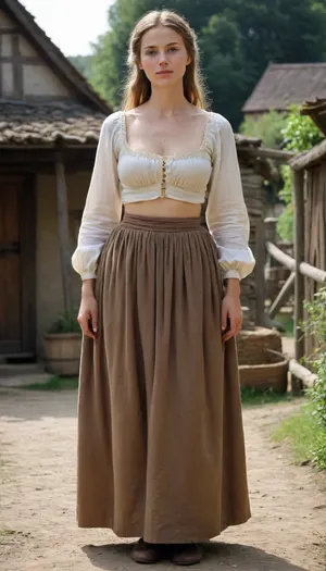 Three 16th century peasant women, extremely long thin sagging breasts, stretched, ultra elongated, hard nipples, very hairy pussy, long medieval skirt, upskirt, farm yard