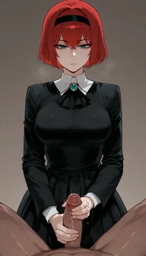 (Ratatatat74), (R. Dorothy Wayneright drom The Big O, emotionless), pov, handjob, simple background, <lora:ratatatat74-000050:.8>