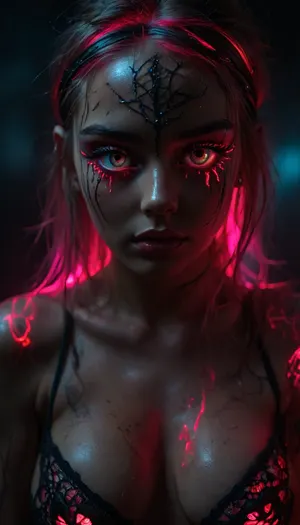 (extremely feminine robot, gorgeous cutie cyborg), (((incredibly young robotic hottie is mind controlled, extremely horny))), neon pink, black light, phosphorescent, (hair half up half down), (((neon lace))), (detailed face and eyes), (((mind controlled obsessed wild glowing eyes:1.8))), (freckles), (dynamic light), (very sweaty incredibly tattooed metallic body), ((wearing a mind control headband over her hair and forehead:1.3)), (centered), (max detail), 32k, (34dd cleavage), ((perfect)), (((underground rave club))), secret, cyberpunk dance music, ((disco lights)), ((incredibly gigantic breast implants)), ((extreme breast expansion)), ((glistening wet tattooed skin)), ((robotic arms)), ambiance, facing camera, ((exhausted mind controlled android slut looking submissive at viewer)), front view, symmetrical, ((younger cuter:1.7)), but, <lora:attractive_notrigger:1.8>, <lora:BUT_SDXL_SHS:1.2>, <lora:Vivid Midjourney mimic - XL SDXL v2.0:1.2>, <lora:RMSDXL_Enhance:2>, <lora:dark:2>