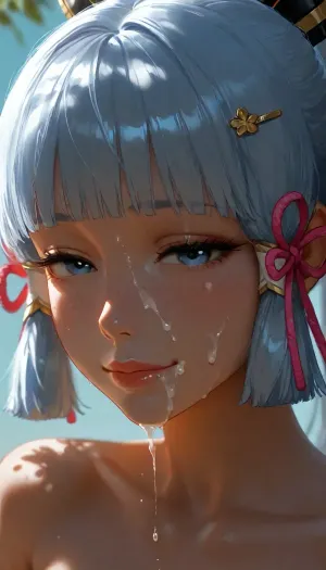 1girl, Kamisato Ayaka from Genshin Impact, hairclip, sidelocks tied back, solo, smiling, abstract background, aqua background, lips, looking at viewer, seductive, half-closed eyes, cum dripping from side of her mouth, cum on face, Photorealistic, Hyper-detailed, 8k resolution, Sharp focus, Masterpiece, Extremely high fidelity, (perfect detailed face), (high realistic), (extreme realism), (dappled light, dappled sunlight), Natural blemishes, freckles, moles, discolorations, Subsurface scattering, ., <lora:MJ52:1.5>, <lora:attractive_notrigger:1.4>, <lora:BUT_SDXL_SHS:1.2>, <lora:Jeweled eyes-NAI:1.9>, <lora:dark:.9>