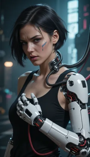 score_9, score_8, masterpiece, best_quality, highres, muted colors tone, ((masterpiece)), ((best quality)), (ultra detailed), amazing quality, (impressionism:1.5), very aesthetic, newest, (ultra-HD, 8k:1.2), realistic, Create a highly detailed, cinematic-style image in a cyberpunk aesthetic. adult female woman, A digital illustration portrait, featuring a determined-looking female cyborg with short, dark, choppy hair. Significant cybernetic augmentation includes thick cabling integrated into her neck and spine, and a powerful, segmented white-plated robotic arm and hand revealing underlying red wiring/components. A subtle cybernetic port is visible on her cheek/temple. Her expression is intense and focused, eyes narrowed. She wears a simple black tank top, revealing toned musculature alongside the cybernetics. The lighting is dramatic and high-contrast, with a bright backlight illuminating parts of her form and casting deep shadows, set against a blurry, cool-toned cyberpunk cityscape. Focus on functional combat cybernetics, intense focus, and gritty bio-mechanical integration. the scene has a tone of dark sinister yet epic themes.