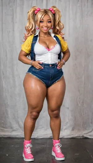 Close-up full body, bratty girl, Japanese Gyaru girl, younger bratty sister, small model, chubby, bbw body, narrow waist, ((very dark taned skin)), very long wild blonde hair, very busty flat chest, ((massive perfectly round bubble-butt:1.3)), (((very puffy chest))), 18yo, no pubic hair, ((gyaru fashionable clothing, fully clothed:2)), legs spread wide, dolla, wide, smug teasing smile, sexual pose, dollp, (very shiny skin:1.5), ((perfect view, sexy horny bratty pose from Japanese Gyaru)), (anatomically accurate), <lora:LCMTurboMix_Euler_A_fix:.8>, <lora:sdxl_photorealistic_slider_v1-0:2>, <lora:3D XL:.6>
