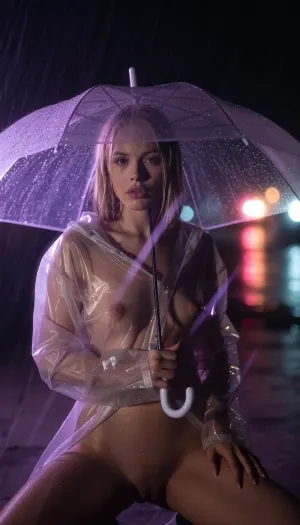 Close-up on her face, she faces the viewer, A highlight on her face, her face is visible in the darkness, she wears a clear rain coat, short blonde in a bob hair cut, wet hair, breasts, legs and pubic hair, holding an umbrella, rain rendered as glowing violet-purple light trails streaking downward off the umbrella edge, soft wet-glass texture with sharp raindrop streaks in the near foreground, dreamy out-of-focus bokeh lights in warm pink, orange and cool teal glowing softly behind, wet reflective ground, long exposure light painting style, high contrast black and purple palette with soft romantic bokeh glow, moody night atmosphere.