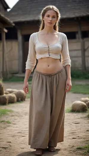 Three 16th century peasant women, extremely long thin sagging breasts, stretched, ultra elongated, hard nipples, very hairy pussy, long medieval skirt, upskirt, farm yard
