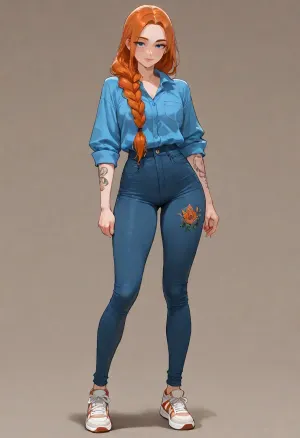 masterpiece, best quality, absurdres, newest, highres, very aesthetic, 1girl, solo, mature female, adult, extremely_long_hair, orange_hair, straight_hair, braid, hair over shoulder, blue_eyes, small_breasts, skinny, pale_skin, freckles, dense freckles, narrow face, thick eyebrows, button nose, lip piercing, tattoo, rib tattoo, thigh tattoo, collared shirt, blue shirt, jeans, sneakers, clothes over underwear, (red bra:.45), (red panties:.45), (satin:.35), fully clothed, underwear under clothes, standing, full body, looking at viewer, simple background, soft lighting, detailed face, detailed eyes