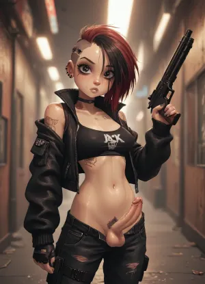 (Jack cayless art style), adult futanari woman, cyberpunk, half robot body, colored hair, punk sidecut haircut, multicolored clothes, cyberpunk clothes, trimmed pubes, holding a shotgun, small cock