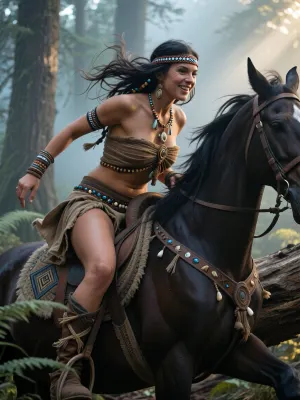 ultra photorealistic cinematic wilderness action portrait, masterpiece quality, clearly adult Indigenous North American woman, 25 years old, 17th century atmosphere, captured during a powerful bareback jump through an ancient misty forest, tight half length action composition, dramatic low three quarter viewpoint, 85 mm full frame lens, f 2.5, 1/2500 second, rider and horse’s head, neck and shoulders dominating the frame, only part of the airborne body visible, massive fallen trunk crossing the lower foreground beneath them, slightly underexposed by two stops, deep clean blacks, cool blue gray morning shadows contrasted by warm golden rim light, thin ground fog drifting between giant trees and ferns, volumetric sunbeams piercing humid air, strong local micro contrast, extraordinary tactile realism, the woman leans low and forward in perfect harmony with the jump, intense exhilarated expression, broad genuine smile, deep dark eyes, strong cheekbones, detailed lips, realistic pores, tiny facial hairs, sun warmed skin, subtle perspiration, natural tonal variation, long black hair wildly tangled and windblown, thick uneven strands streaming backward, loose braids mixed through the hair, small beads, leather ties and carved ornaments woven into selected sections, narrow handcrafted leather forehead band decorated with beadwork, stitching and geometric motifs, her clothing is richly handmade from weathered hide, woven fibers and hand stitched leather, fitted bra style upper garment fully covering the chest, asymmetric layered panels, hand cut edges, visible seams, uneven stitching, decorative cross lacing, rows of tiny beads, shell fragments, carved bone pieces, embroidery, knotted cords and long narrow fringes flying with motion, matching hide loincloth securely wrapped around the hips with layered side panels, beaded trim, stitched borders and worn natural texture, handmade necklace of beads, bone, shell and braided fiber, stacked bracelets, arm ornaments and subtle traditional tattoos across shoulders and upper arms, the dark horse is anatomically precise, nostrils flared, ears alert, neck arched forward, powerful shoulder muscles, individual coat hairs, damp mane and subtle sweat catching light, woven blanket beneath her with intricate geometric patterns, no saddle, no stirrups, no reins, no bridle, wrists completely free, crisp focus on her face, clothing craftsmanship, horse’s eye and muzzle, motion blur confined to hair, fringes, mane and flying forest debris, premium editorial realism, cinematic wilderness intensity