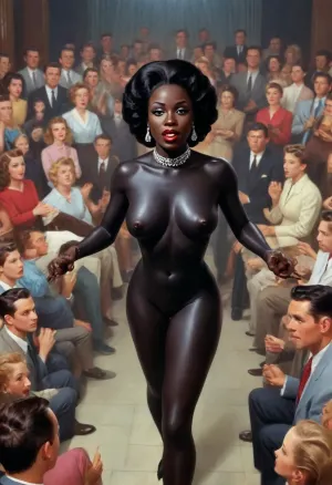A highly detailed mid-century commercial illustration in authentic 1950s retro style, bold clean lines, vibrant yet period-accurate color palette, soft illustrative shading, and idealized figures typical of 1950s magazine and advertising art, depicting an explicit pornographic scene inside a large traditional United Pentecostal Church of the 1950s, Behind them, the full choir in modest conservative 1950s attire—women in long dresses with very long uncut hair and no makeup, men in suits—stands on tiered wooden risers, watching the scene with a mix of shock, arousal, and lingering worshipful expressions, some singers still holding hymnals.

my wife, 30yo black skin african woman, (ultra black skin woman:1.9), Chubby, Big Natural boobs, front view, naked in a night club, on a Blue plastic sofa. BREAK ., (I'm recording her), my wife make a gangbang porn video for fun, She Is fingering her pussy, White skin men fuck her, (very fat White skin men), (((oral sex))), anal sex, vaginal sex, (((double penetration:1.2))), (((One dick in pussy another dick in ass))), (((cum on tits))), (((cum on boobs))), ((a lot of cum)), High-quality, dynamic, full-body night photograph, cinematic style. A young, naked woman with long, dark hair streaming in the wind, styled in a 1940s/50s retro look. Her face conveys a mix of mischievous fury and joy, her eyes are wide and intense, and her mouth is parted in a fierce snarl, revealing clenched teeth. Flawless anatomy. She wears tribal-style silver ornaments on her head and neck. The aesthetic is dark fantasy with a dark-gray color palette, reminiscent of H.R. Giger. She is flying rapidly at night on a broomstick high above a forest and a river, the river below reflects the stars and the moon. The background is slightly motion-blurred in the direction of travel. The scene is charged with rapid motion and the glint of distant stars, the atmosphere is unsettling and mysterious. Aerial shot, (bird's-eye view), DJI Phantom 4 Pro drone camera.