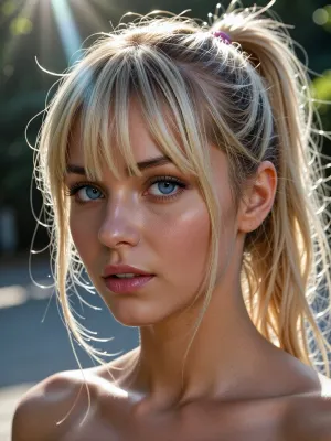 (experimental avant-garde artistic study of light and contrast), (striking of a 24yo woman's brilliant blue eyes), (surreal scene with intense hair-glow lighting, HDR lighting, light bloom, god rays, lens flare, light blonde hair with ponytail with bangs), (stray strands of hair framing her face), (outdoors daylight scene), (cinematic offset framing composition), (light brown skin)