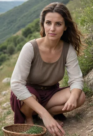 Eirini, a 43-year-old Greek woman living in a small rural Byzantine village in central Greece around 850 CE. She has a naturally athletic, sturdy build with moderately broad shoulders, defined but not muscular limbs, and an average body-fat level. She has deep hazel eyes with warm brown, amber, and subtle olive-green tones, and long dark chestnut-brown hair reaching to mid-back, naturally wavy and slightly tousled.

Eirini is a village herbalist and healer, accustomed to gathering medicinal plants and preparing traditional herbal remedies. She has a practical, capable, weathered-but-healthy appearance appropriate to a woman who spends much of her time outdoors.

She is kneeling on a grassy hillside outside her village, carefully gathering wild medicinal herbs into a small woven basket. She is examining a sprig of oregano closely in her hand, deciding which parts are suitable for preparing a healing infusion later that evening. Several other gathered herbs are visible in the basket beside her.

She looks directly toward the viewer with a warm, natural, gently engaging expression. Her gaze is relaxed and attentive, with her eyes naturally focused on the camera/viewer. She has a genuine, subtle smile that reaches her eyes, with relaxed cheeks and natural facial muscles. The expression feels spontaneous and unposed, conveying warmth, friendliness, quiet confidence, and familiarity rather than a broad or exaggerated smile.

She wears a simple undyed linen shift beneath a loose, ankle-length woolen tunic in muted natural brown, belted at the waist with a narrow leather belt. A rough rectangular wool cloak is draped naturally around her shoulders. She wears a simple linen headscarf loosely tied behind her head, with some of her wavy dark chestnut-brown hair visible. Her lower legs are uncovered and she wears simple handmade leather sandals. A small leather pouch containing herbs and basic tools hangs from her belt.



Behind her is a small hillside Byzantine village, with simple stone-and-timber houses and a modest stone church scattered across the slope. Fertile fields, terraced olive groves, wild Mediterranean vegetation, and several goats occupy the surrounding landscape.

Late-afternoon Mediterranean sunlight, historically plausible materials and architecture, natural weathering, understated earthy colours, documentary realism, authentic ninth-century rural Byzantine atmosphere, anatomically natural proportions, realistic skin texture, detailed facial features, lifelike hazel eyes, natural wavy hair texture, subtle facial imperfections, realistic linen, wool, leather and woven-basket textures, soft natural lighting, candid observational composition, believable human posture and expression.