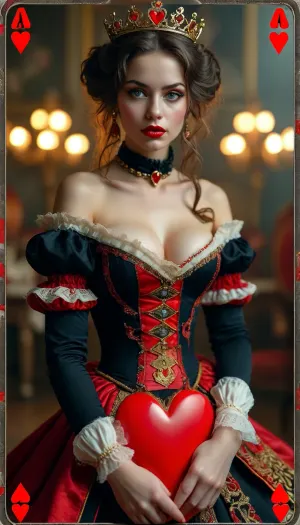 adaptation of a playing card game, Queen of Hearts card, sexualized full-body image of the woman depicted on the Queen of Hearts playing card, but, <lora:BUT_SDXL_SHS:1.4>, <lora:MJ52:.8>