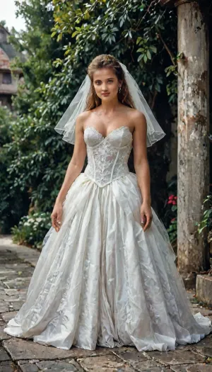 8k, score_9, score_8_up, score_7_up, FILM PHOTOGRAPHY STYLE, cinematic photography of a woman, professional portrait photo realism, Generate an image of A cinematic fashion editorial photography of a beautiful May bride. She is wearing an elegant white wedding dress and a long, flowing bridal veil fluttering dramatically in the gentle spring breeze. Bright sunny day, warm golden hour sunlight filtering through fresh green spring leaves, soft focus. and romantic atmosphere, Stunning full Body, Squeezing Massive Cleavage, Transparent Corset, lingerieLook, tight Fitting Wedding Dress, Sexy Bride Ai, hyper-realistic, 8k resolution, photorealistic, intricate lace details on the dress, full body view, <lora:detailed_notrigger:2>, <lora:ratatatat74-000050:1.5>, <lora:NEOTOKIOXL_0.2_RC:1.5>, <lora:LCMTurboMix_Euler_A_fix:1>, <lora:80s_Glamour_Shots:.8>