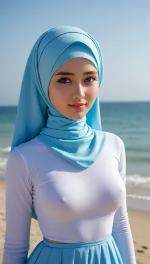 HD, masterpiece, 3 asian hiijab girls wearing soft texture shirt, undercap covering forehead, turtleneck, light blue, long sleeves, long skirt, tight breasts, perky nipples, hard areolas, extremely detailed face, happy, strong front shadow, beach, clear blue sky, selfie photo, closeup, hentai anime style, vector graphic style