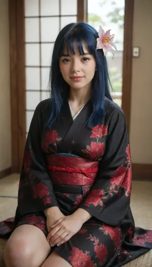 photorealistic young woman, long straight dark blue hair with straight bangs, red spider lily flower hair accessory, soft smile, freckles, pale eyes, fair skin, dark kimono with red spider lily floral patterns, patterned obi sash with red cord, sitting on tatami mat in traditional Japanese room, one arm extended toward camera, katana nearby, soft natural lighting, high detail, natural skin texture, masterpiece, best quality, ultra-realistic, 8k