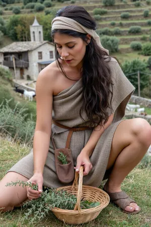 Eirini, a 43-year-old Greek woman living in a small rural Byzantine village in central Greece around 850 CE. She has a naturally athletic, sturdy build with moderately broad shoulders, defined but not muscular limbs, and an average body-fat level. She has deep hazel eyes with warm brown, amber, and subtle olive-green tones, and long dark chestnut-brown hair reaching to mid-back, naturally wavy and slightly tousled.

Eirini is a village herbalist and healer, accustomed to gathering medicinal plants and preparing traditional herbal remedies. She has a practical, capable, weathered-but-healthy appearance appropriate to a woman who spends much of her time outdoors.

She is kneeling on a grassy hillside outside her village, carefully gathering wild medicinal herbs into a small woven basket. She is examining a sprig of oregano closely in her hand, deciding which parts are suitable for preparing a healing infusion later that evening. Several other gathered herbs are visible in the basket beside her.

She wears a simple undyed linen shift beneath a loose, ankle-length woolen tunic in muted natural brown, belted at the waist with a narrow leather belt. A rough rectangular wool cloak is draped naturally around her shoulders. She wears a simple linen headscarf loosely tied behind her head, with some of her wavy dark chestnut-brown hair visible. Her lower legs are uncovered and she wears simple handmade leather sandals. A small leather pouch containing herbs and basic tools hangs from her belt.

Behind her is a small hillside Byzantine village, with simple stone-and-timber houses and a modest stone church scattered across the slope. Fertile fields, terraced olive groves, wild Mediterranean vegetation, and several goats occupy the surrounding landscape.

Late-afternoon Mediterranean sunlight, historically plausible materials and architecture, natural weathering, understated earthy colours, documentary realism, authentic ninth-century rural Byzantine atmosphere, anatomically natural proportions, realistic skin texture, detailed facial features, lifelike hazel eyes, natural wavy hair texture, subtle facial imperfections, realistic linen, wool, leather and woven-basket textures, soft natural lighting, candid observational composition, believable human posture and expression.