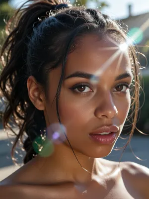 (experimental avant-garde artistic study of light and contrast), (striking of a 22yo woman's brilliant brown eyes), (surreal scene with intense hair-glow lighting, HDR lighting, light bloom, god rays, lens flare, afro american, hair with ponytail), (stray strands of hair framing her face), (outdoors daylight scene), (cinematic offset framing composition)