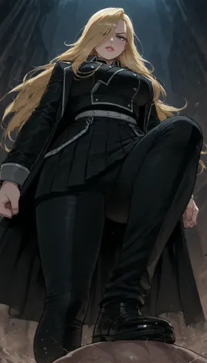 (Ratatatat74), (Olivier Mira Armstrong from Fullmetal Alchemist, thick lips, stern), solo, stomping, <lora:ratatatat74-000050:.8>