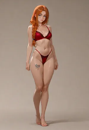 masterpiece, best quality, absurdres, newest, highres, very aesthetic, 1girl, solo, mature female, adult, extremely_long_hair, orange_hair, straight_hair, braid, hair over shoulder, blue_eyes, small_breasts, skinny, pale_skin, freckles, dense freckles, narrow face, thick eyebrows, button nose, lip piercing, tattoo, rib tattoo, thigh tattoo, lingerie, red bra, underwire bra, red panties, highleg panties, satin, standing, full body, looking at viewer, simple background, soft lighting, detailed face, detailed eyes