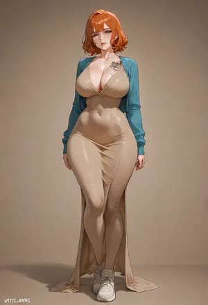 masterpiece, best quality, absurdres, newest, highres, very aesthetic, 1girl, solo, mature female, adult, short hair, wavy hair, straight bangs, copper hair, orange hair, brown eyes, sharp cheekbones, pale skin, vitiligo, large breasts, narrow waist, wide hips, toned, athletic, concave stomach, dress, beige dress, loose dress, cardigan, blue cardigan, sneakers, bodysuit, septum piercing, lip piercing, tattoo, scar, standing, full body, looking at viewer, simple background, soft lighting, detailed face, detailed eyes