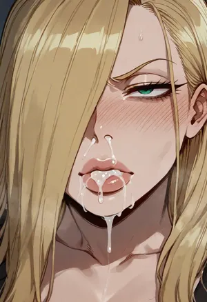 (Ratatatat74), (Olivier Mira Armstrong from Fullmetal Alchemist, thick lips, annoyed look), cum, cum in mouth, cum in nose, <lora:ratatatat74-000050:.8>