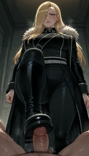 (Ratatatat74), (Olivier Mira Armstrong from Fullmetal Alchemist, thick lips, stern), boots, footstomp, footjob, foot fetish, cock stomping, cbt, <lora:ratatatat74-000050:.8>