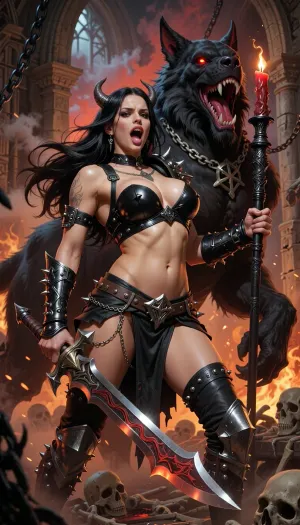 Dynamic fantasy illustration in the iconic style of Boris Vallejo, hyperrealistic oil painting, smooth blending, no visible brush strokes, highly detailed anatomy. Fierce muscular female demon warrior with long flowing black hair, small curved horns, screaming expression with sharp fangs, perfect athletic yet voluptuous body, large breasts in tight black spiked leather bra, exposed sculpted abs, revealing dark leather battle skirt with metal spikes and chains, armored gauntlets, spiked knee-high boots. She holds a large ornate demonic sword and a tall black spiked staff topped with a burning red candle.
Behind her a massive terrifying demonic hellhound with glowing red eyes, huge fangs, drooling blood, powerful muscular dark fur body, heavy chain collar with pentagram.
Gothic cathedral ruins, stone arches, hanging chains, scattered skulls and bones, dramatic cinematic lighting with strong rim light, vibrant saturated colors, warm orange-red hellish glow, atmospheric smoke and embers, glossy skin texture.
Boris Vallejo style, idealized fantastic realism, sensual powerful figures, perfect anatomy, dynamic composition, epic menacing atmosphere, masterpiece, best quality