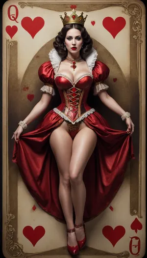 adaptation of a playing card game, Queen of Hearts card, sexualized full-body image of the woman depicted on the Queen of Hearts playing card