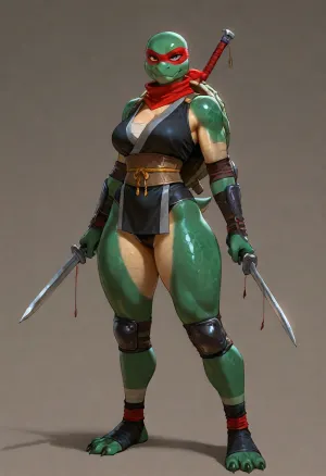 masterpiece, best quality, absurdres, newest, highres, very aesthetic, 1girl, solo, mature female, adult, anthro, furry, turtle girl, raphael, mutant ninja turtles, no human ears, bald, turtle shell, green scales, yellow plastron, short tail, muzzle, snout, claws, three fingers, green eyes, red mask, red bandana, ninja, elbow pads, knee pads, bandages, sai, dual wielding, medium breasts, muscular, thick thighs, pubic hair, clothes over underwear, (beige bra:.45), (beige thong:.45), (red trim:.3), (silk:.35), fully clothed, underwear under clothes, standing, full body, looking at viewer, simple background, soft lighting, detailed face, detailed eyes