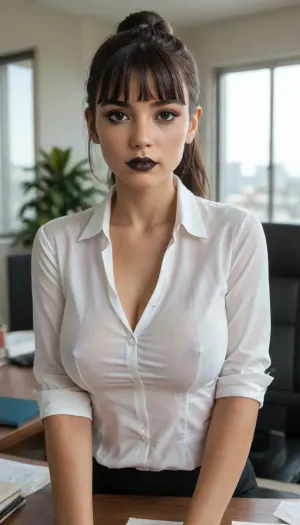 shallow depth of field, 85mm lens, ((18-year-old)), beautiful, athletic, (young), (Latina girl:1.6), ((black eye shadow with black lipstick)), ((high ponytail with blunt bangs brunette hair)), ((tight large breasts)), untrimmed bushy pubic hair, (secretary's outfit), ((white blouse)), ((black mini skirt)), ((stockings)), (opulent manager's office with a big oak desk), direct eye contact, warm glow, cinematic atmosphere
