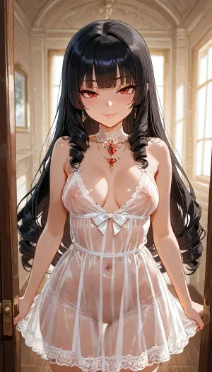 anime style, cute girl, (purity face:1.5), black long hair, (ringlet:1.3), blunt bangs, (round face:1.3), (tsurime), red eyes, big eyes, (naughty face), ((mischievous smile)), pink lips, glossy lips, petite, short stack, medium breast, perky breasts, standing, white see-through dress, slip nipple, <lora:add-detail-xl:1.2>, <lora:attractive_notrigger:1.2>, <lora:detailed_notrigger:1.2>, <lora:LCMTurboMix_Euler_A_fix:1.2>