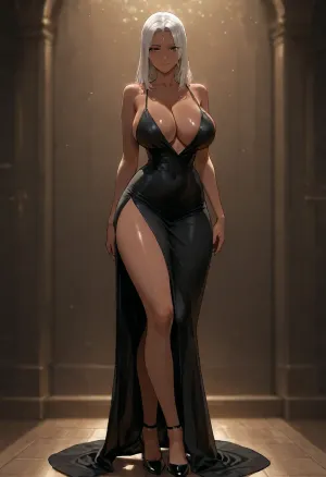 masterpiece, best quality, absurdres, newest, highres, very aesthetic, 1girl, solo, mature female, adult, medium hair, grey hair, straight hair, dark skin, very dark skin, dark-skinned female, brown eyes, slender, skinny, tall female, large breasts, narrow waist, oval face, pointed chin, black evening dress, spaghetti strap dress, plunging neckline, cleavage, dress slit, high slit, thigh slit, black high heels, fully clothed, underwear under clothes, clothes over underwear, (black bra:.45), (black panties:.45), standing, full body, looking at viewer, simple background, soft lighting, detailed face, detailed eyes