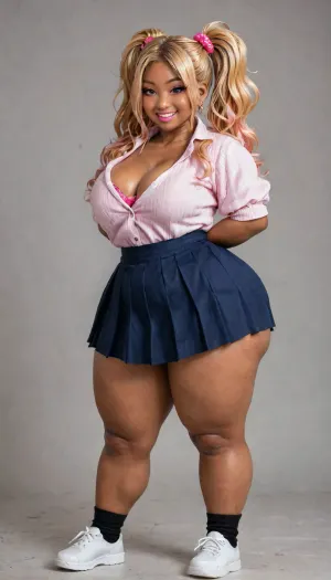 Close-up full body, bratty girl, Japanese Gyaru girl, younger bratty sister, small model, chubby, bbw body, narrow waist, ((very dark taned skin)), very long wild blonde hair, very busty flat chest, ((massive perfectly round bubble-butt:1.3)), (((very puffy chest))), 18yo, no pubic hair, ((gyaru fashionable school clothing, fully clothed:2)), legs spread wide, dolla, wide, smug teasing smile, sexual pose, dollp, (very shiny skin:1.5), ((perfect view, sexy horny bratty pose from Japanese Gyaru)), (anatomically accurate), <lora:LCMTurboMix_Euler_A_fix:.8>, <lora:sdxl_photorealistic_slider_v1-0:2>, <lora:3D XL:.6>
