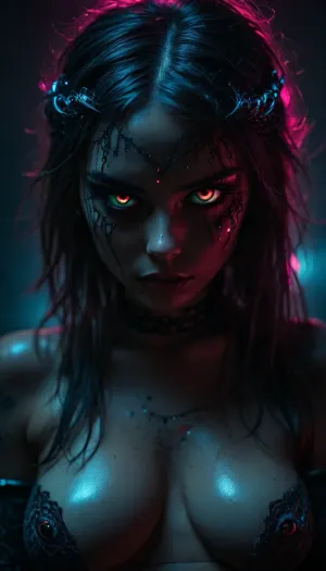 (extremely feminine robot, gorgeous cutie cyborg), (((incredibly young robotic hottie is mind controlled, extremely horny))), neon pink, black light, phosphorescent, (hair half up half down), (((neon lace))), (detailed face and eyes), (((mind controlled obsessed glowing eyes:1.8))), (freckles), (dynamic light), (very sweaty incredibly tattooed metallic body), ((wearing a mind control headband over her hair and forehead:1.3)), (centered), (max detail), 32k, (34dd cleavage), ((perfect)), (((underground rave club))), secret, cyberpunk dance music, ((disco lights)), ((incredibly gigantic breast implants)), ((extreme breast expansion)), ((glistening wet tattooed skin)), ((robotic arms)), ambiance, facing camera, ((exhausted mind controlled android slut looking submissive at viewer)), front view, symmetrical, (younger cuter:1.2), but, <lora:attractive_notrigger:1.8>, <lora:BUT_SDXL_SHS:1.2>, <lora:Vivid Midjourney mimic - XL SDXL v2.0:1.2>, <lora:RMSDXL_Enhance:2>, <lora:dark:2>